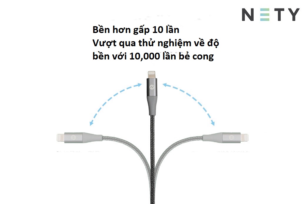 Dây cáp sạc iPhone NETY 120cm chuẩn MFi, cổng Lightning to USB-A, dây cáp bện sợi nylon tốc độ cao USB tương thích với iPhone SE 2020/ iPhone 11 Pro Max / 11/11 Pro /XR /Xs Max /Xs /X /8 Plus /8 /7 Plus /7 /SE /6s Plus /6s /6 Plus (bạc) – Hàng chính hãng