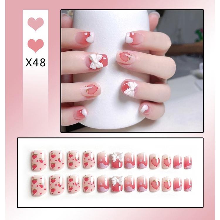 Móng tay giả hoạ tiết đào hồng MAYBI, Móng tay giả kèm keo nailbox kute đáng yêu Mẫu T34