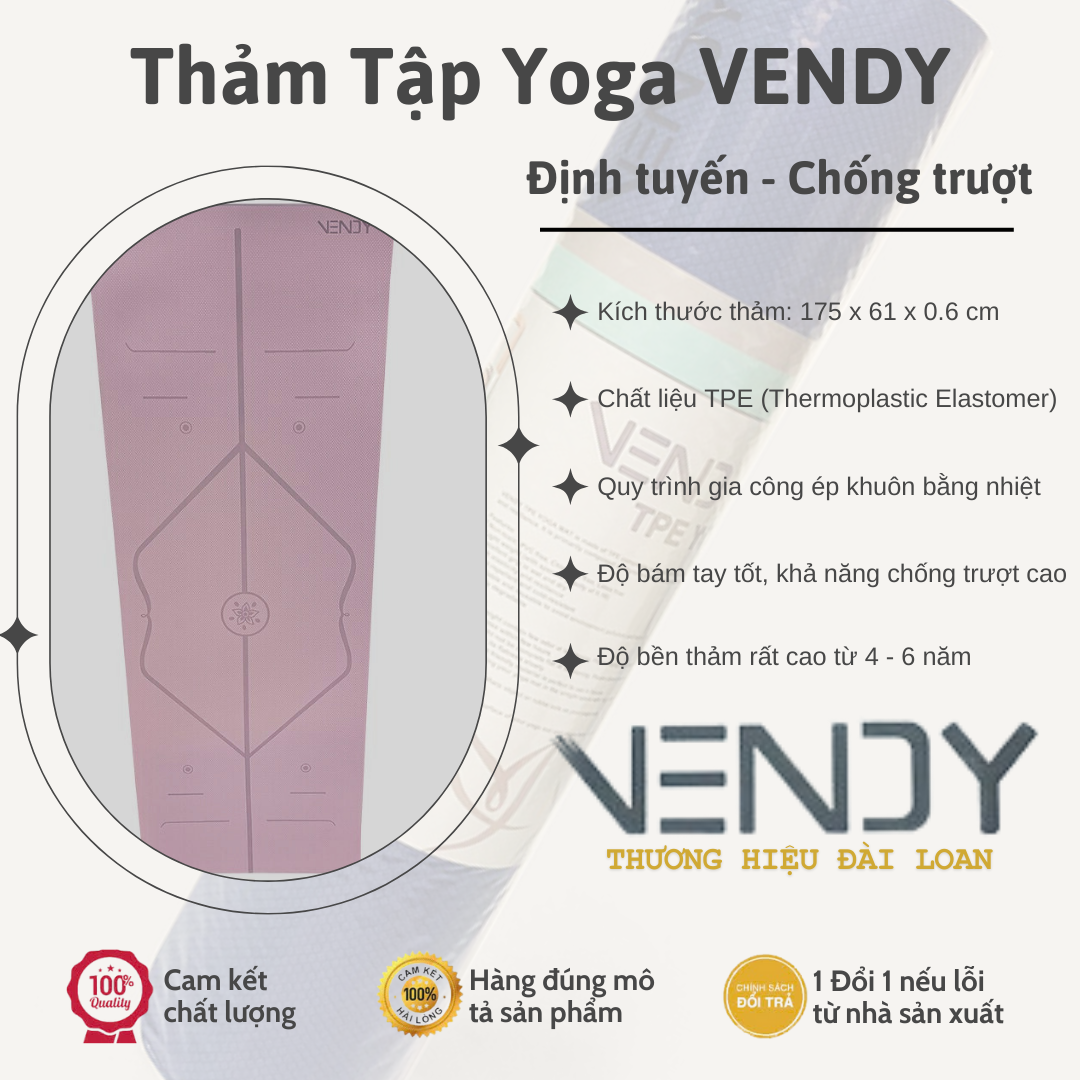 Thảm Yoga Định Tuyến Chống trượt VENDY Cao Su TPE 6mm tặng dây cột thảm - Hàng Chính Hãng Đài Loan