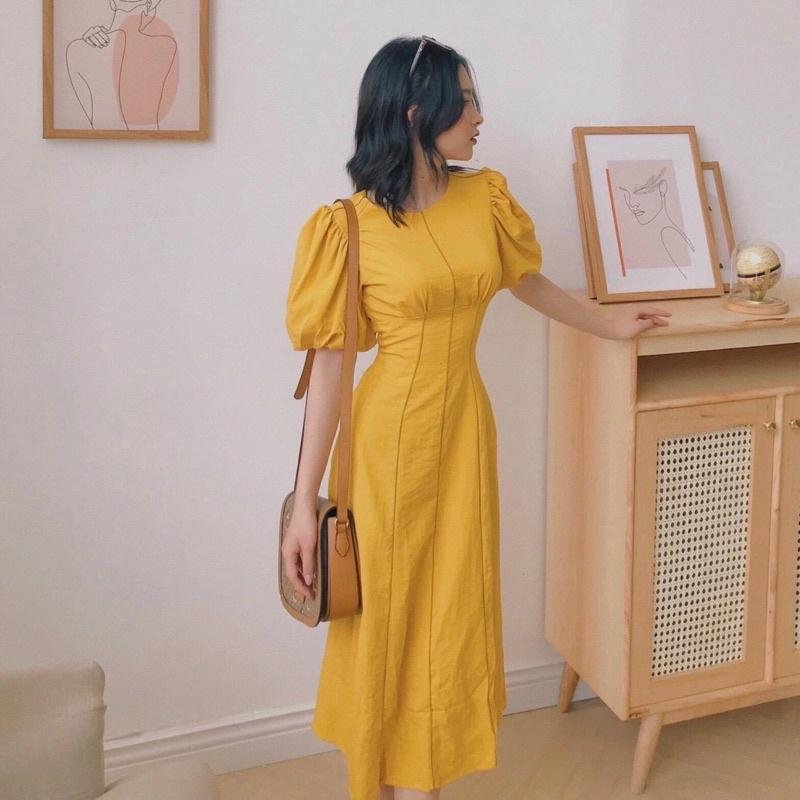 Đầm váy cổ tròn viền sọc nâu 2 màu  phù hợp đi làm đi chơi dạo phố