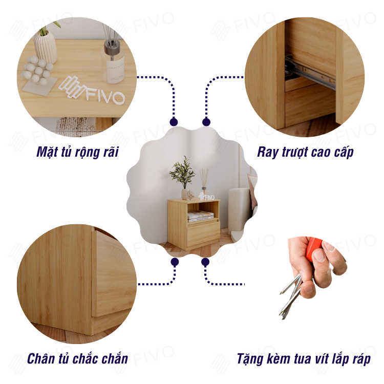 Tủ Đầu Giường Gỗ FIVO FT19 Có Hộc, Ngăn Kéo Cao Cấp, Tay Cầm Thiết Kế Thẩm Mỹ