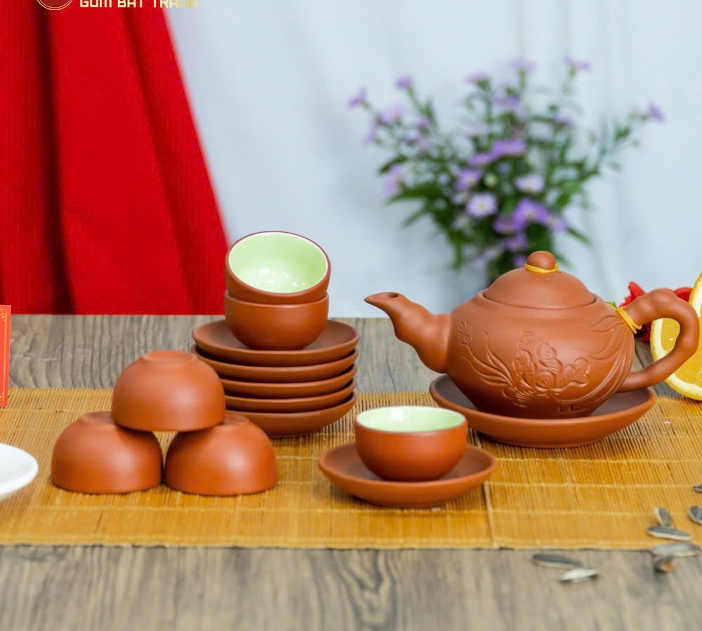 Bộ Ấm Trà Tử Sa Khắc Lá Trúc Cao Cấp – 1 Ấm 6 Chén 6 Đĩa, Phong Cách Trà Đạo, Quà Tặng Sang Trọng - HÀNG CHÍNH HÃNG MINIIN