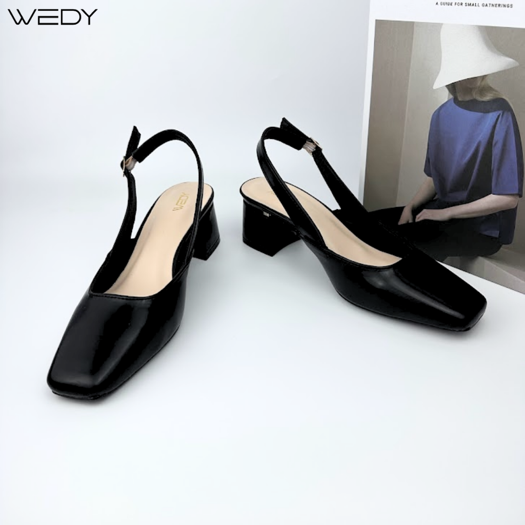 [HÌNH THẬT]Giày Cao Gót Slingback WEDY Mũi Vuông 5 Phân, Giày công sở Nữ Cao Gót Màu Đen WD2311