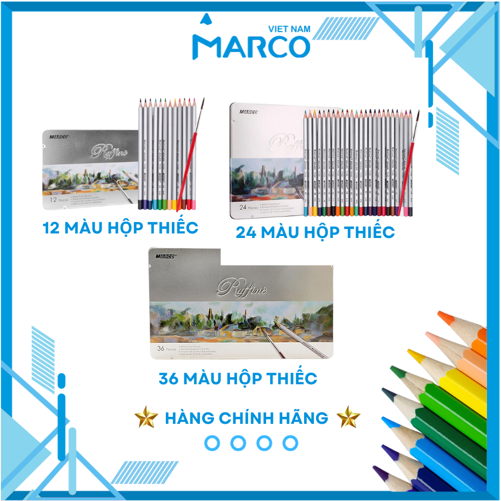 Hộp Bút Chì Màu Nước Chuyên Nghiệp Marco Raffine 7120 Kèm Cọ, Hộp Thiếc - 12/24/36 Màu Không Dễ Gãy Tô Màu Vẽ Chuyên Nghiệp