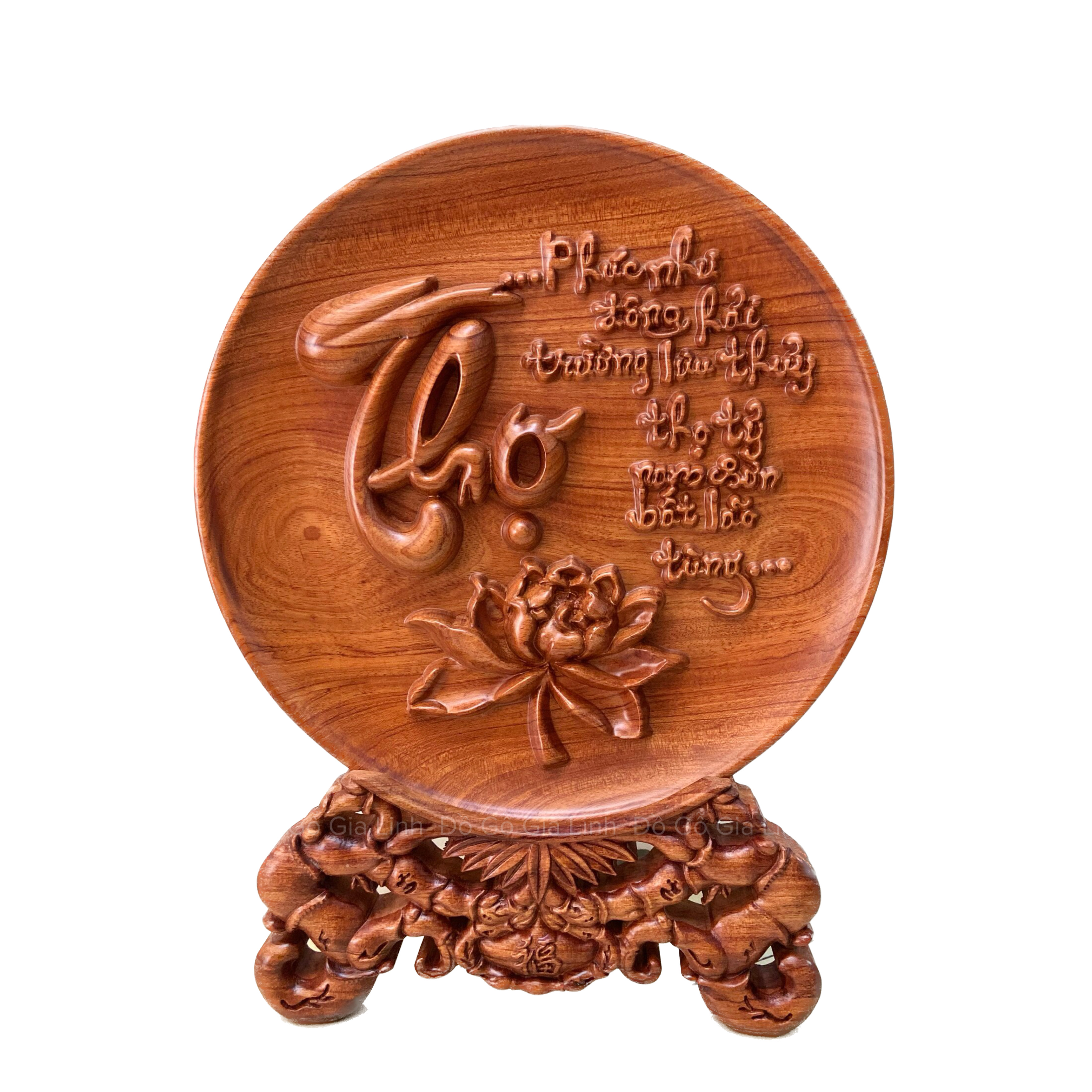 Bộ đĩa Phúc Lộc Thọ Đồ Gỗ Gia Linh gỗ Hương đá liền khối kèm chân đế