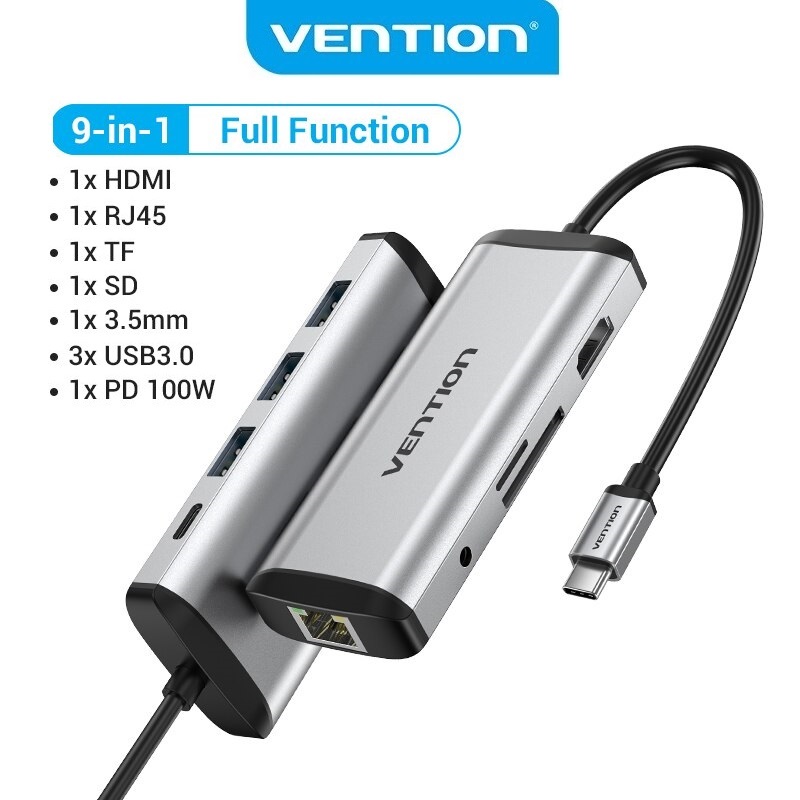 Cáp chuyển USB Type-C 9 in 1 to HDMI + USB 3.0*3 + LAN + SD + TF + PD (87w) Vention THAHB - Hàng chính hãng