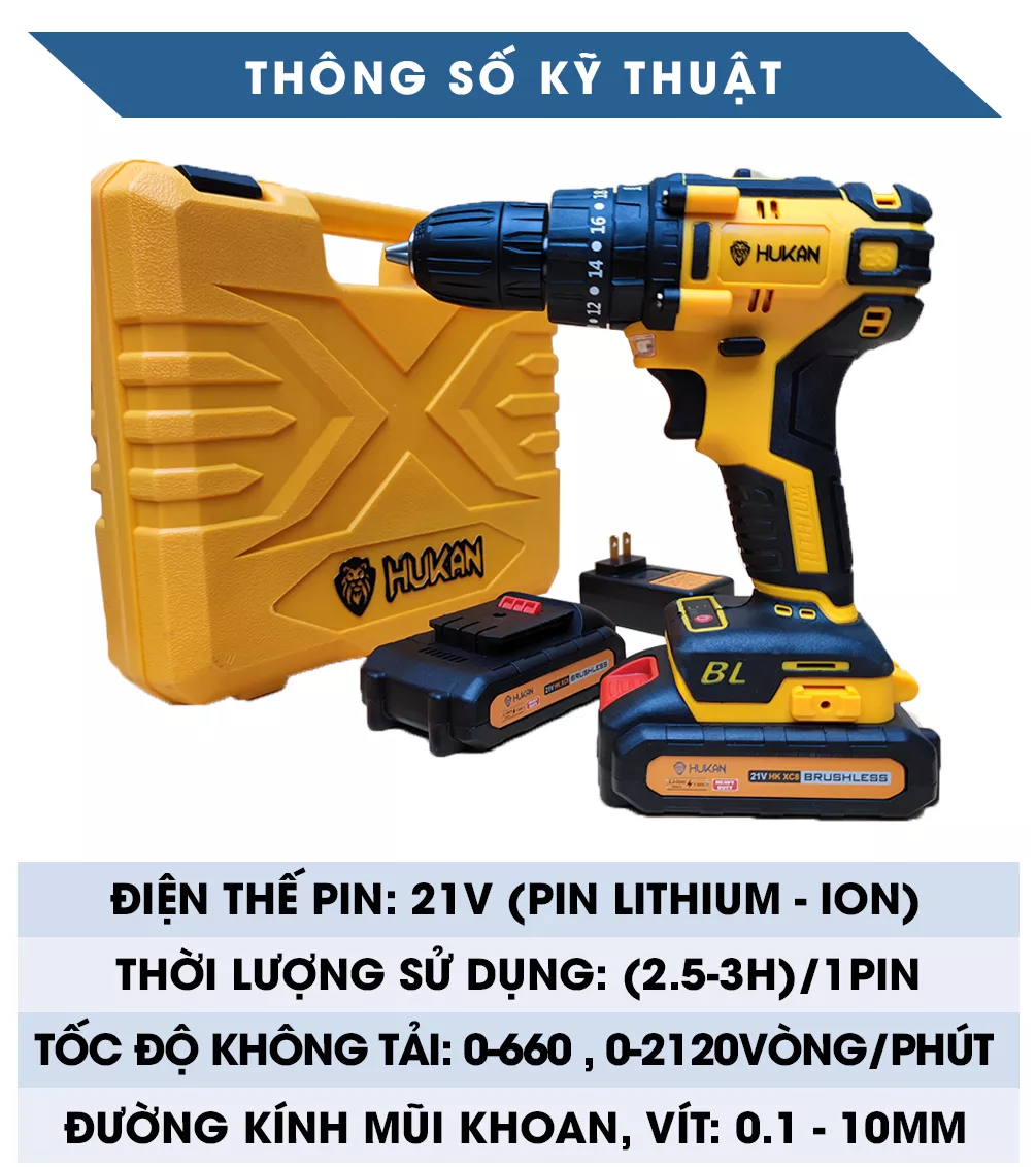 Máy Khoan Pin Hukan 21V KHÔNG CHỔI THAN Tặng Kèm 23 Chi Tiết