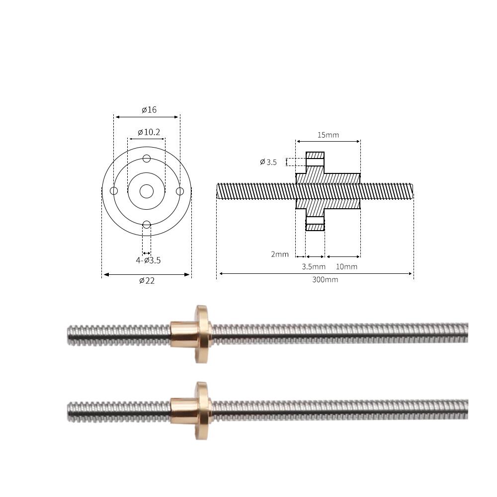 Vít Chì T8 OD 8mm 2mm Chì 2mm/8mm 150mm 200mm 250mm 300mm 330mm 350mm 400mm 500mm Với đai ốc bằng đồng thau cho máy in 3D Reprap