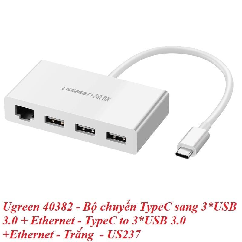 Ugreen UG40382US237TK 15CM màu Trắng Bộ chuyển đổi TYPE C sang 3 USB 3.0 + LAN bọc nhựa ABS - HÀNG CHÍNH HÃNG