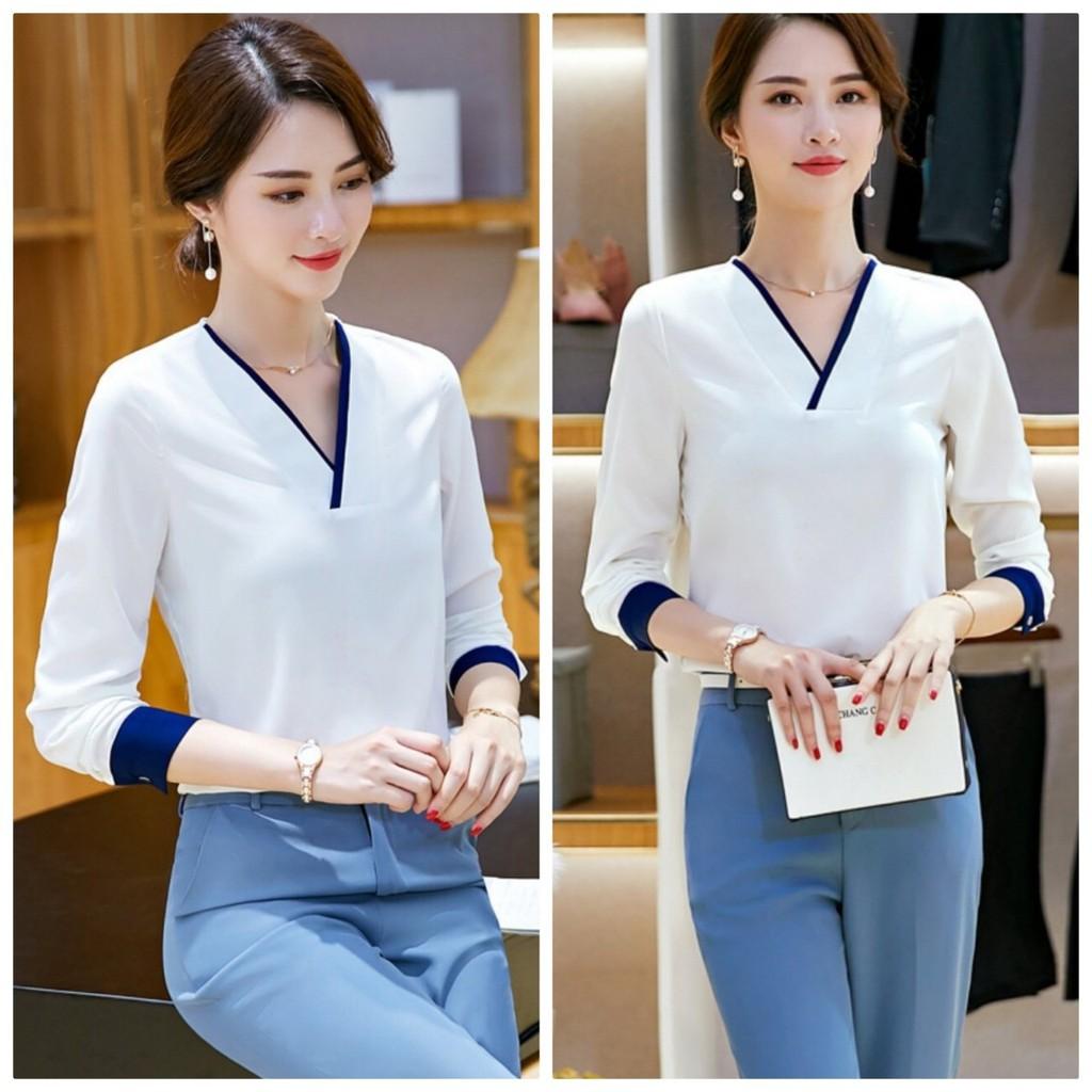 Áo sơ mi cổ v viền màu