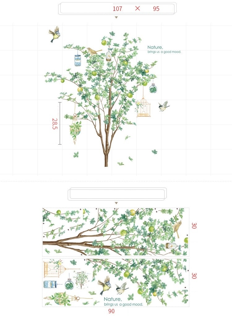Decal dán tường tranh cây xanh chim hót dán phòng bé