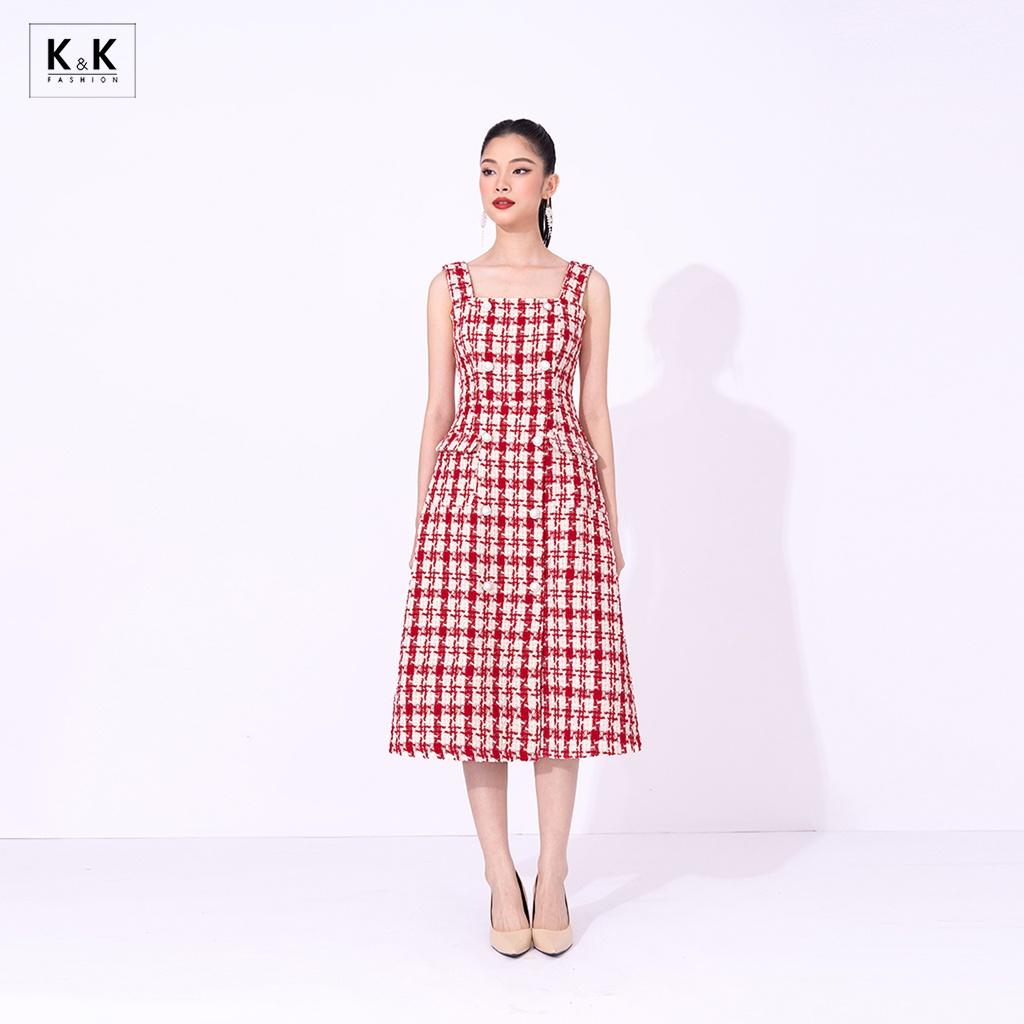 Đầm Dự Tiệc Midi Hai Dây Phối Túi K&amp;K Fashion KK130-03 Chất Liệu Tweed