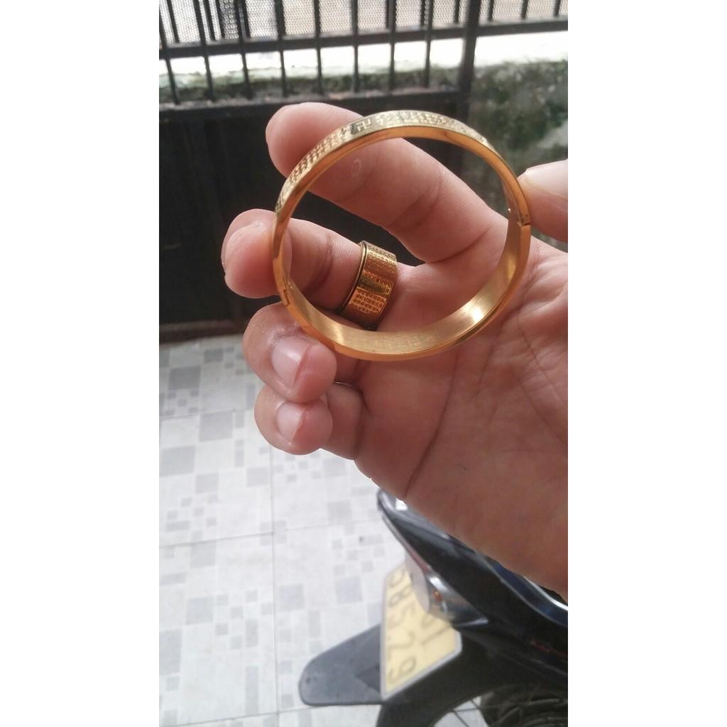 Vòng tay titan bát nhã tâm kinh màu vàng cao cấp hình tròn ni 50mm cầu bình an mang may mắn - có hạt huyết áp