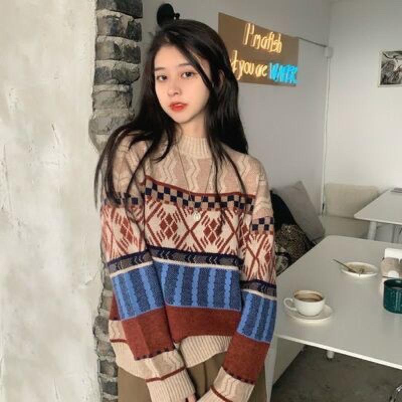 Áo len lông thổ cẩm Quảng Châu C15, áo len hoạ tiết thổ cẩm phong cách Hàn Quốc cho nữ