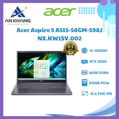 Máy tính xách tay Acer N22Q25 (A515-58GM-598J) (i5-13420H; 16GB; 512GB SSD; RTX2050/4GB; 15.6&quot; FHD; Win11; Xám; NX.KW1SV.002) - HÀNG CHÍNH HÃNG