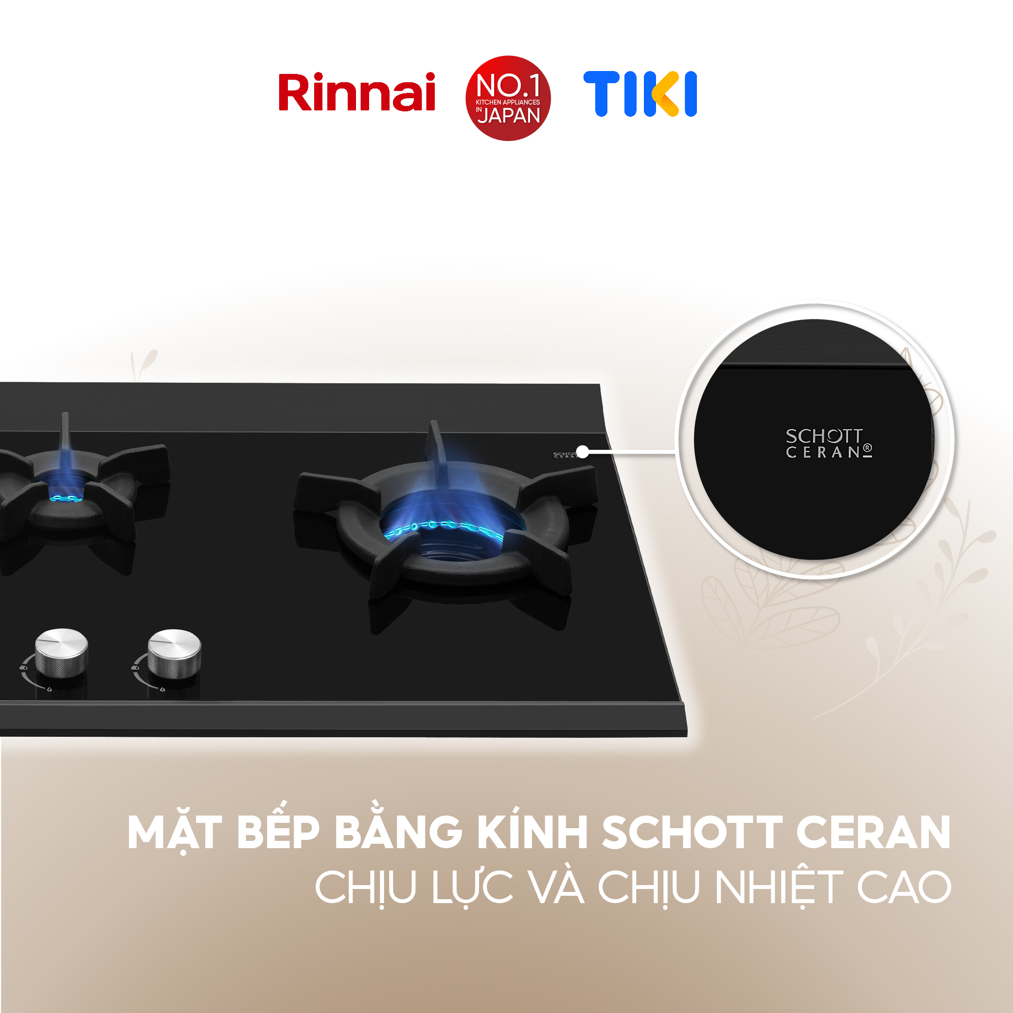 Bếp gas âm đầu đốt trong Rinnai RB-3VCGN mặt bếp kính SCHOTT và kiềng bếp gang - Hàng chính hãng.