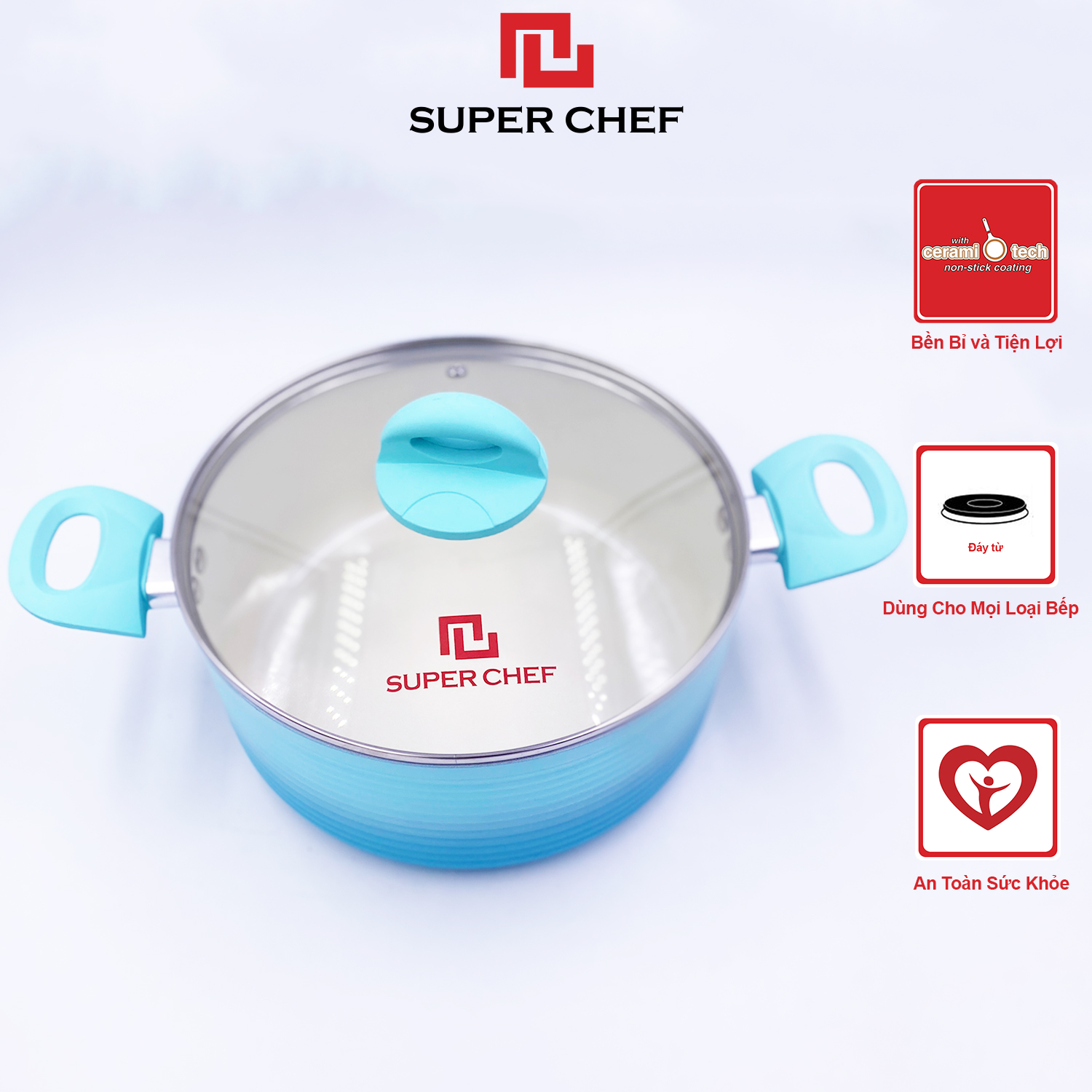 Nồi Chống Dính Ceramic Đáy Từ Cao Cấp Chef Blue Thiết Kế Mới, An Toàn Sức Khỏe, Siêu Bền Bỉ Không Bong Tróc, Hạn Chế Trầy Xước ( 20- 24cm