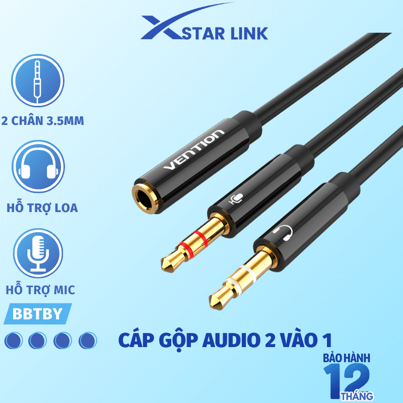 Cáp gộp tai nghe 2 vào 1 Jack 3.5mm - Cáp audio 2 dương 1 âm cho máy tính, laptop hỗ trợ loa và mic chính hãng Vention BBTBY - Hàng chính hãng