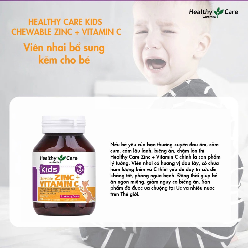 Kẽm cho bé Úc Healthy Care Kids Chewable Zinc + Vitamin C Hỗ trợ tăng trưởng, phát triển sức khỏe và hệ thống miễn dịch cho trẻ - QuaTangMe Extaste