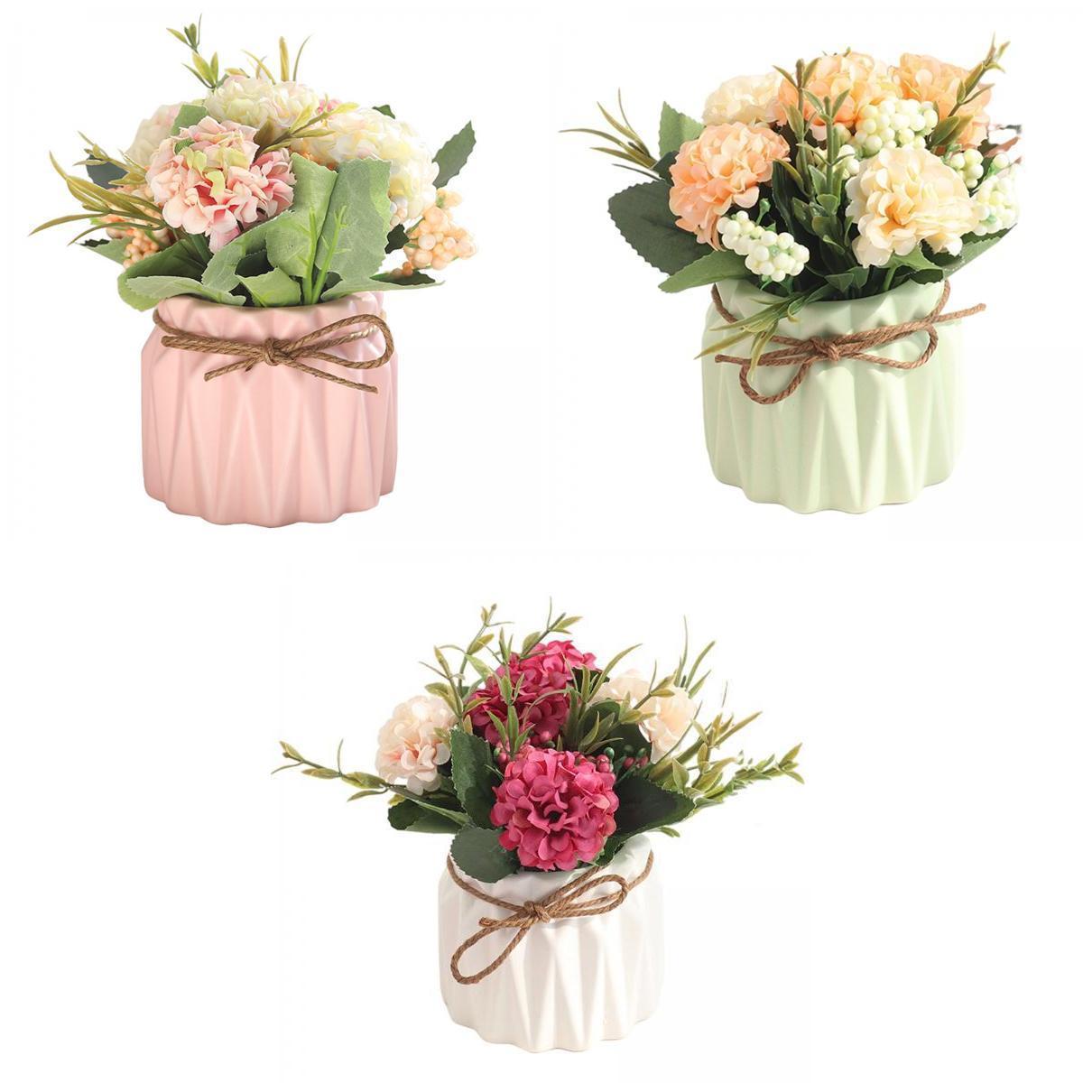 3x Mini Artificial Flower Fake Simulation Hydrangea Plant Ceramic Vase for Home