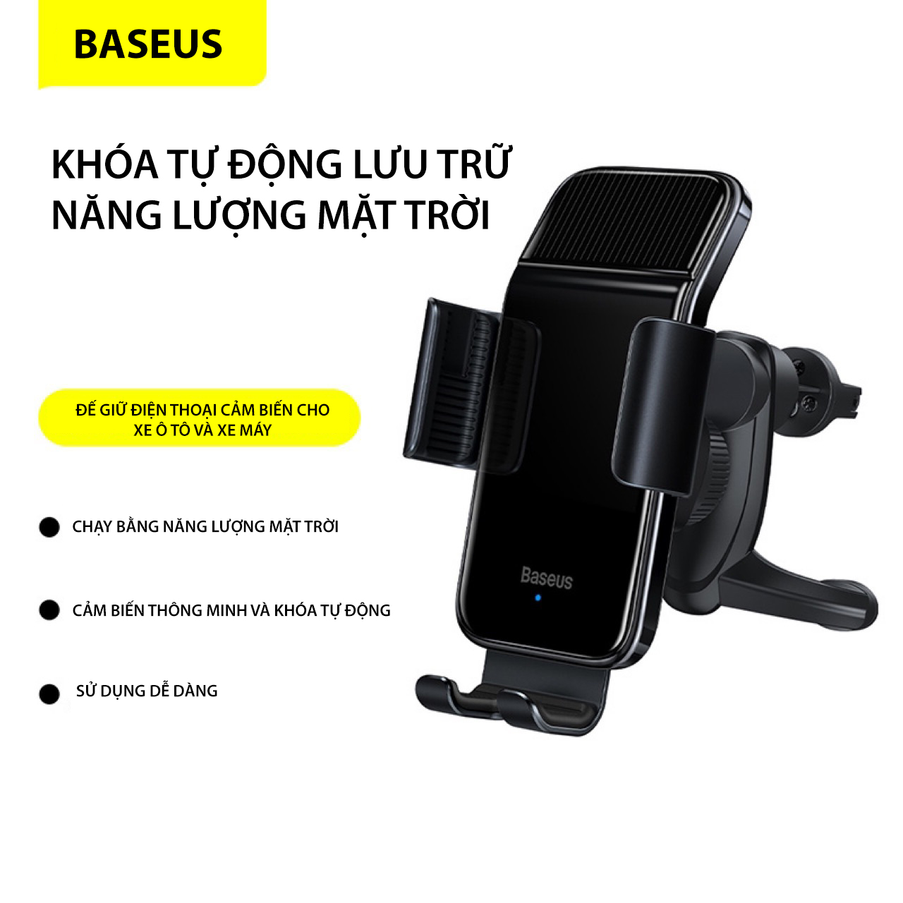 Đế giữ cho điện thoại cảm biến cho xe ô tô và xe máy Baseus Smart Solar Power Wireless Car Mount Electric Holder - Hàng chính hãng