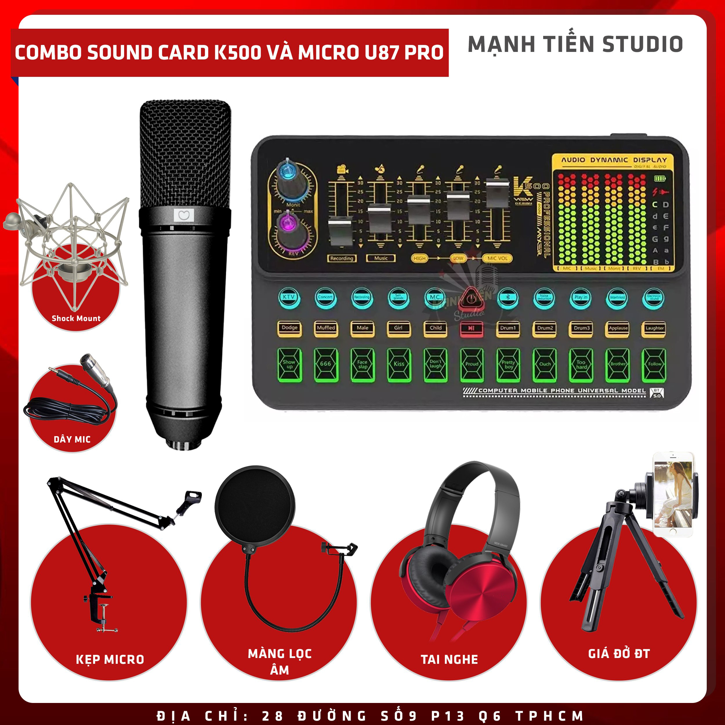 Combo thu âm, livestream Micro AQTA U87-Pro, Sound card K500 - Kèm full phụ kiện kẹp micro, màng lọc, tai nghe, giá đỡ ĐT - Hỗ trợ thu âm, karaoke online chuyên nghiệp