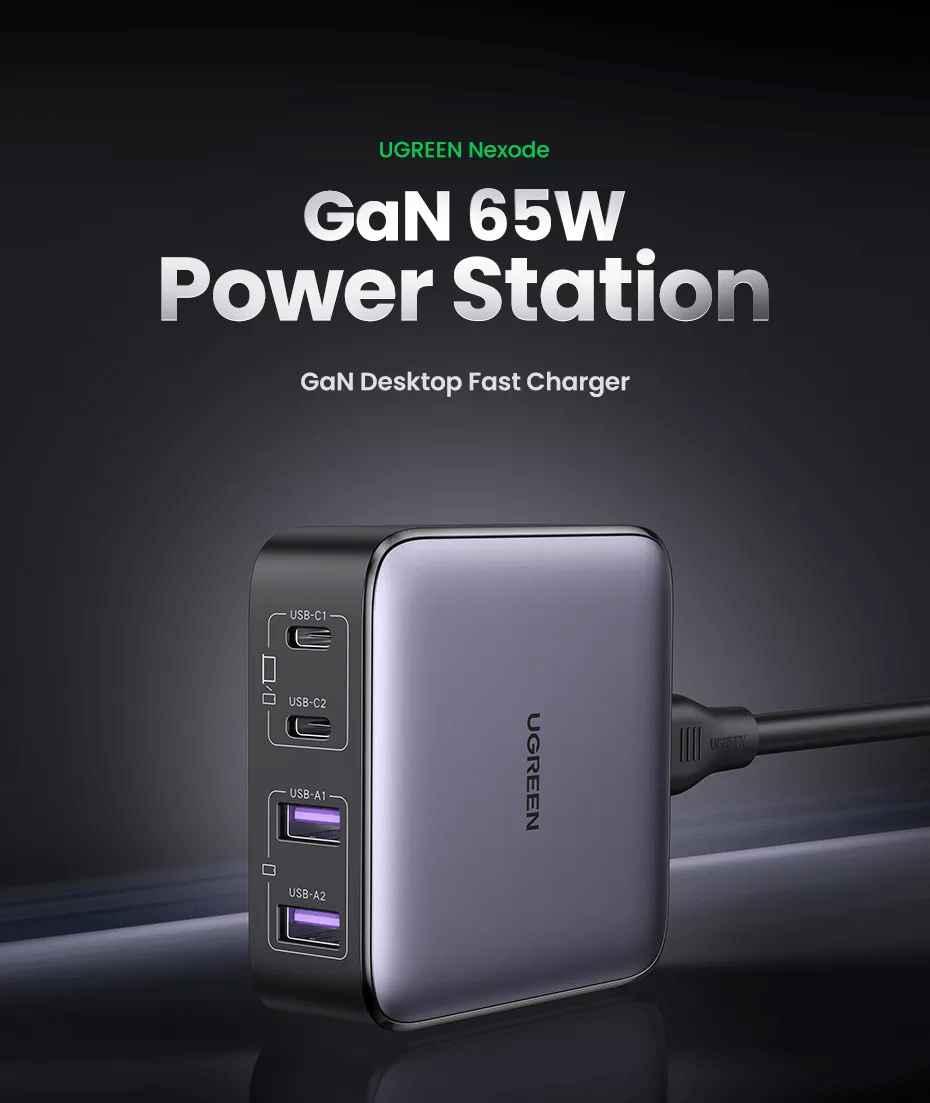 Ugreen UG90735CD327TK 65W Bộ sạc nhanh Nexode gồm 2 cổng USB-C + 2 cổng USB-A dây nguồn dài 1.5M chuẩn cắm US - HÀNG CHÍNH HÃNG