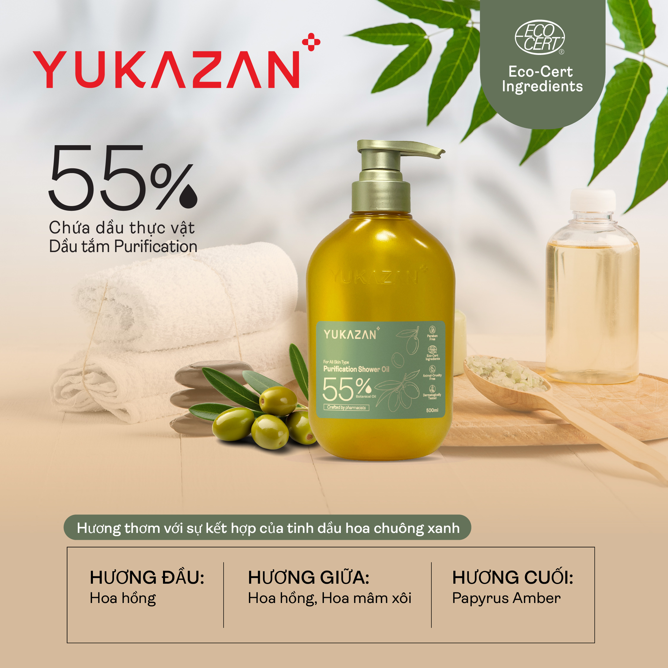 Dầu Tắm Yukazan Purification 55% 100ML - Tinh dầu hoa chuông xanh, olive và bơ hạt mỡ dưỡng ẩm giúp da mềm mịn