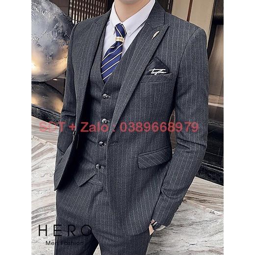 Bộ Vest Nam Hàn Quốc Kẻ Sọc Màu Ghi, Suit Nam 1 Cúc, 6 Cúc Màu ghi, Chất Vải Sịn