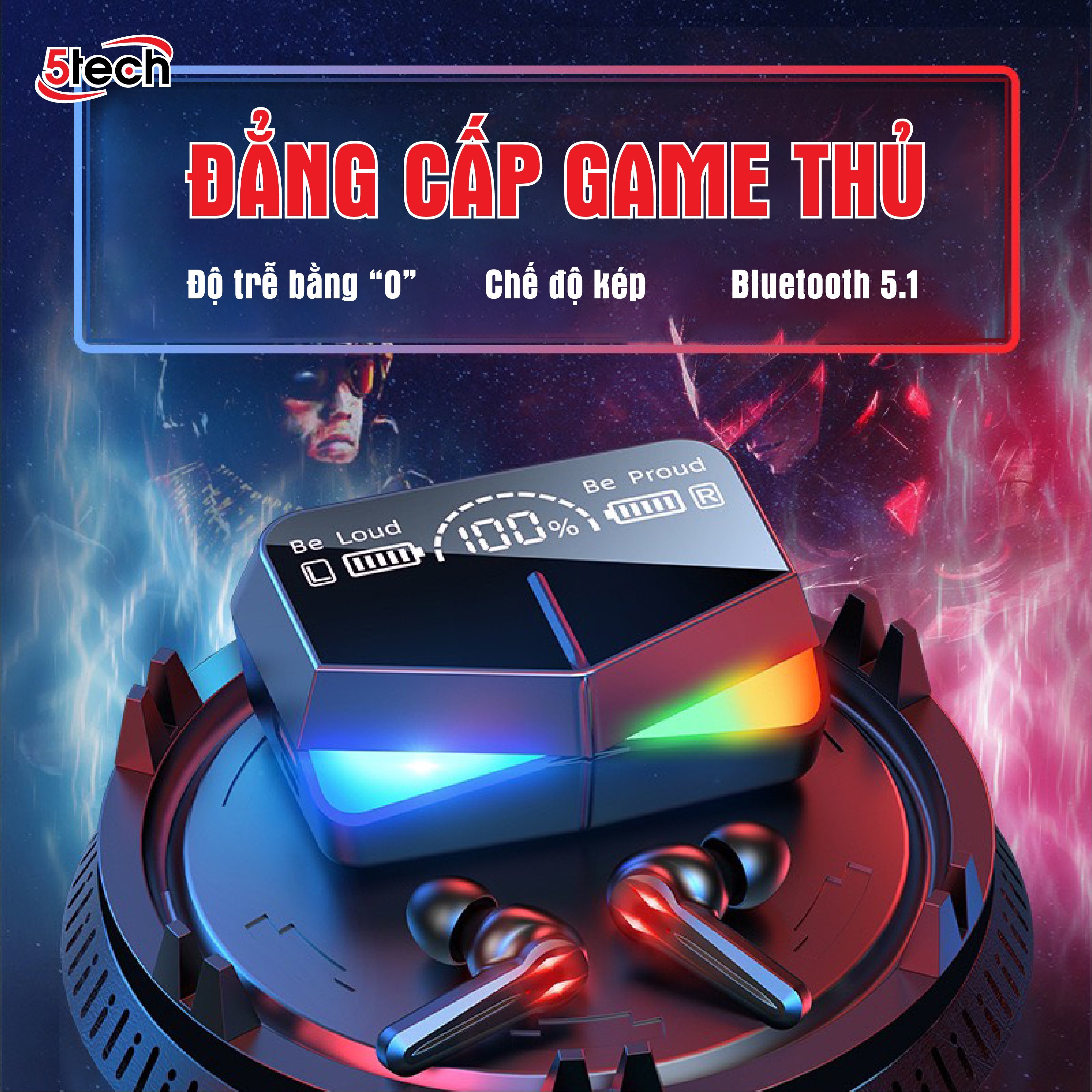 Tai nghe bluetooth gaming monster 5TECH hàng chính hãng, tai phone không dây pin trâu với màn hình LED RGB tráng gương nghe nhạc cưc hay