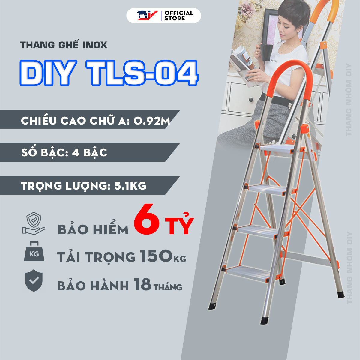 Thang Ghế Inox DIY 4 bậc TLS-04 chiều cao sử dụng tối đa 92cm, tải trọng 150kg