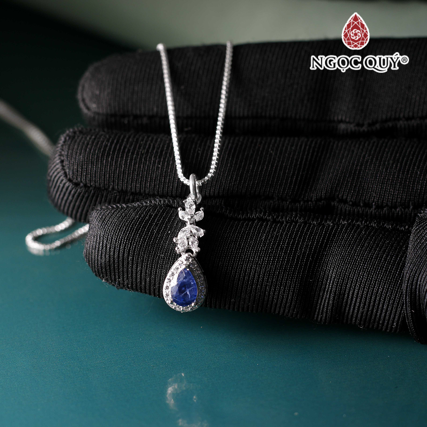 Dây chuyền bạc giọt nước Sapphire xanh dương bọc bạc 10x7mm - Ngọc Quý Gemstones