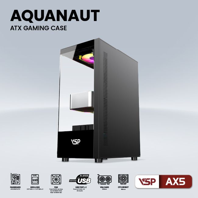 Vỏ máy tính Case VSP AX5 [ĐEN] Gaming Kính cường lực (ATX, Micro ATX, Mini ATX) - Hàng chính hãng VSP phân phối