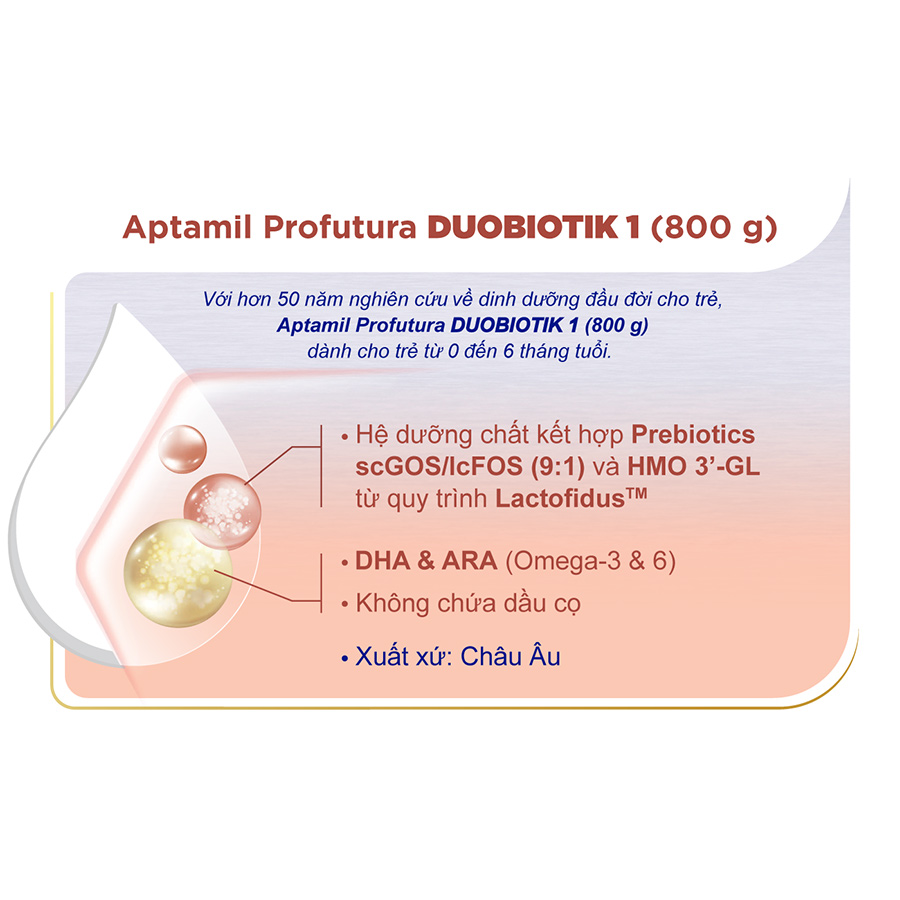 Sản phẩm dinh dưỡng công thức Aptamil Profutura Duobiotik 1 (Dành cho trẻ từ 0 - 6 tháng tuổi) - 800g