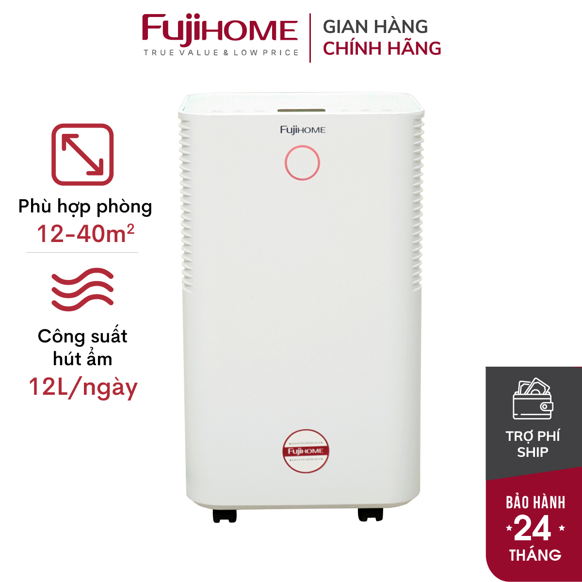 Máy hút ẩm lọc không khí 40M2 Fujihome DH12 12 Lít/ngày, màn LCD thông minh hiển thị % độ ẩm, Ionizer lọc sạch không khí- Hàng chính hãng