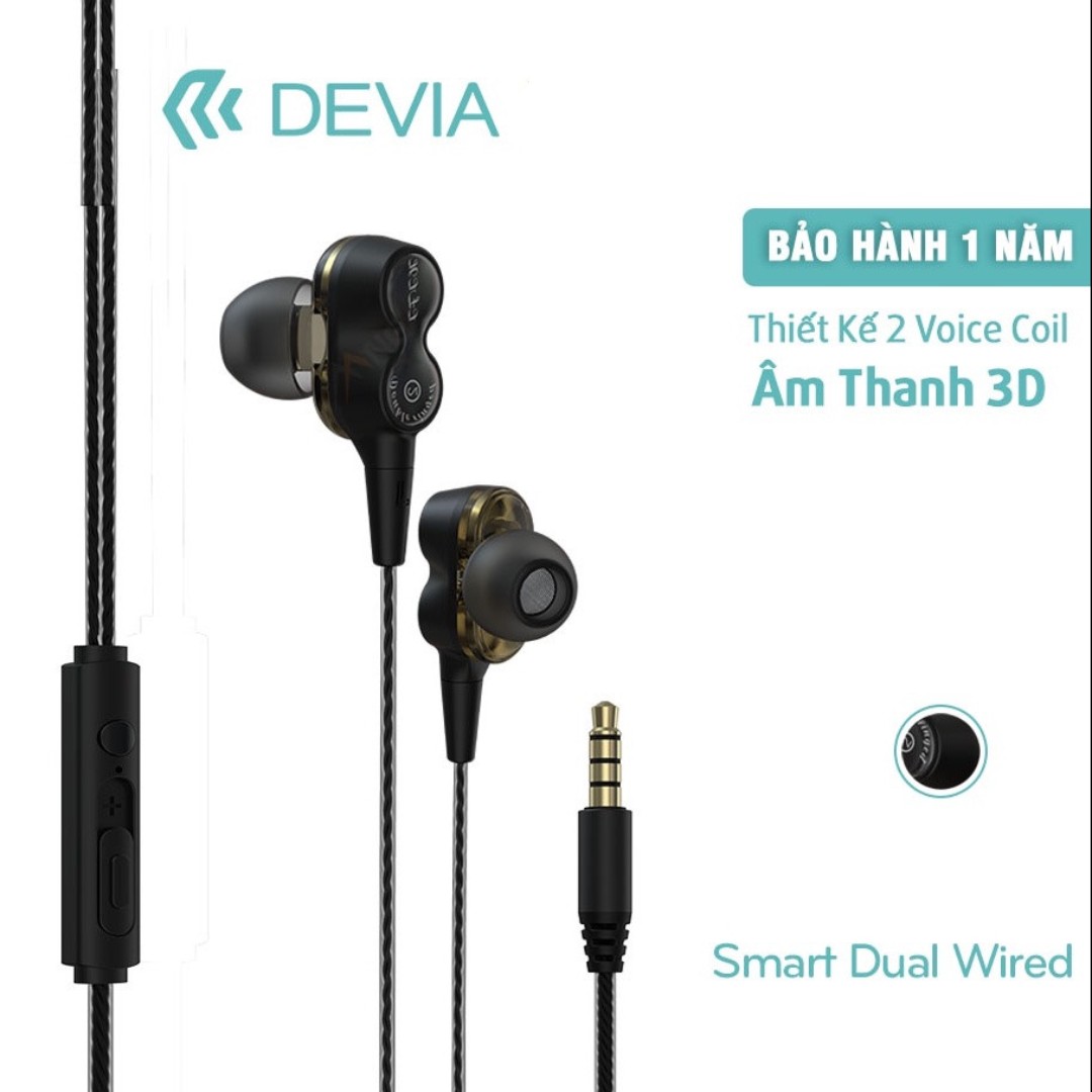 Tai Nghe Có Dây Nhét Tai Devia Smart Series Dual Speakers Có Mic 2 Loa (3.5mm) Màu Đen - Hàng Chính Hãng