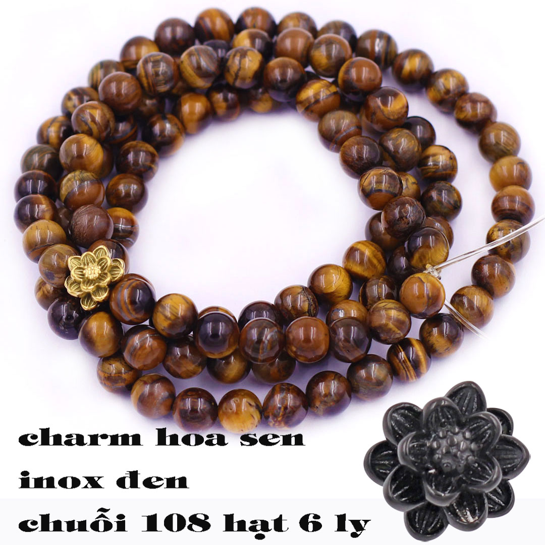 Bộ Vòng Chuỗi, Tràng Hạt 108 Hạt 6 Ly Đá Mắt Hổ Vàng Đen Charm Hoa Sen Inox - Tràng Chuỗi Niệm Phật - An Yên - Thịnh Vượng - May Mắn - Tài Lộc - Bình An
