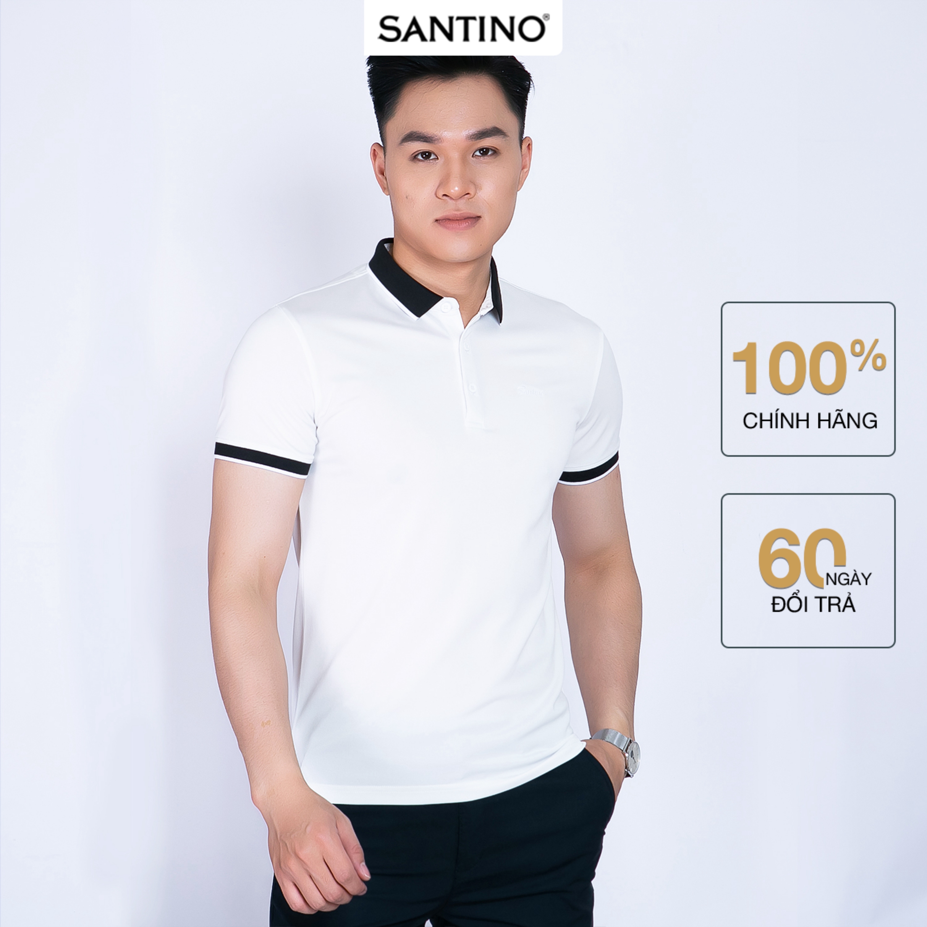 Áo Polo nam Cá Sấu SANTINO form chuẩn, phối bo cổ đen, trẻ trung, chống nhăn - E001