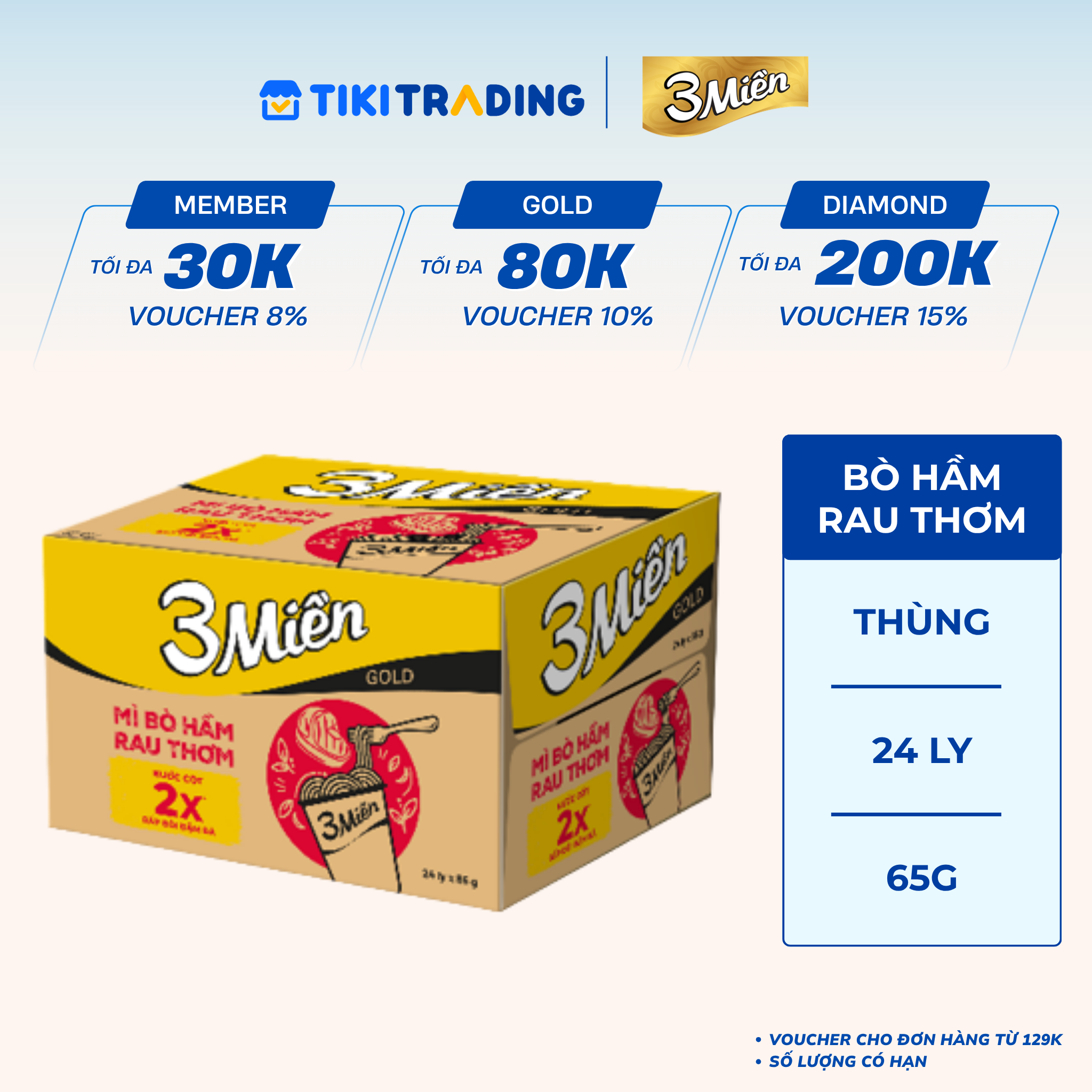 Thùng 24 Ly Mì Ly Bò Hầm Rau Thơm Reeva 3 Miền Gold 65G