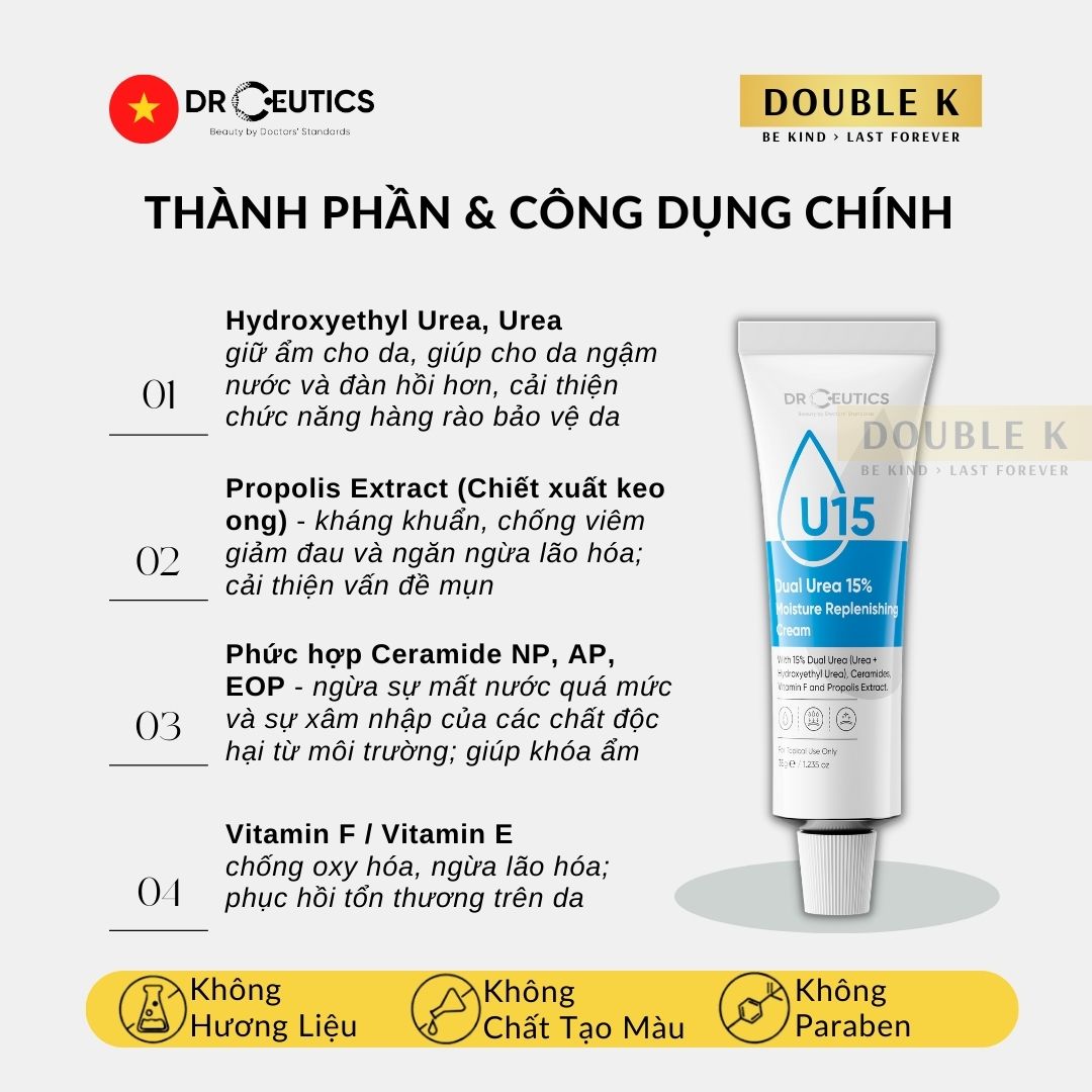 Kem Cấp Ẩm DrCeutics Dual Urea 15% Moisture Replenishing Cream - Phục Hồi Da Mỏng Yếu, Kích Ứng - Double K