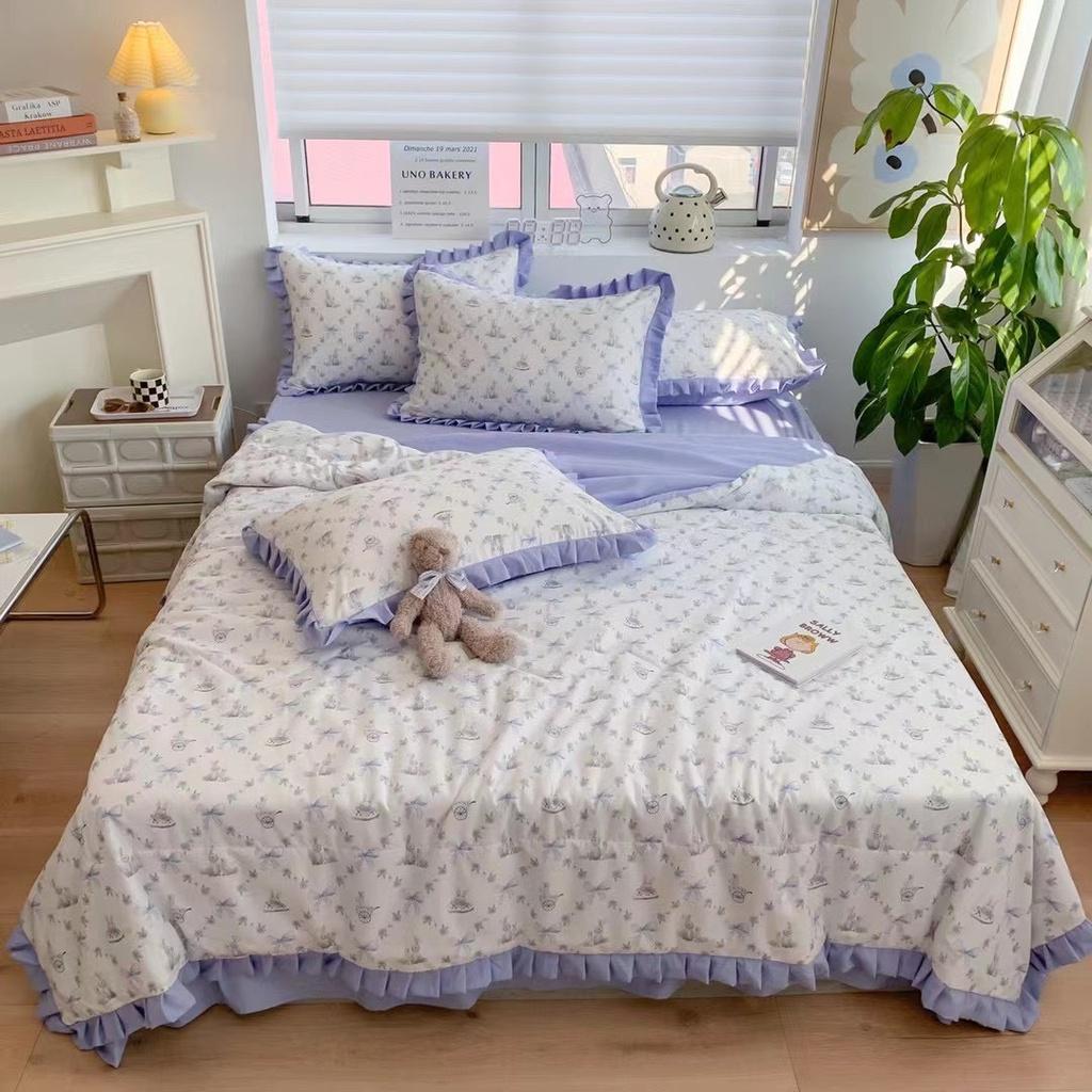 Bộ ga giường chăn chần bông hè chất Cotton Đũi bèo phong cách Hàn Quốc - Nhà Nhím Bedding