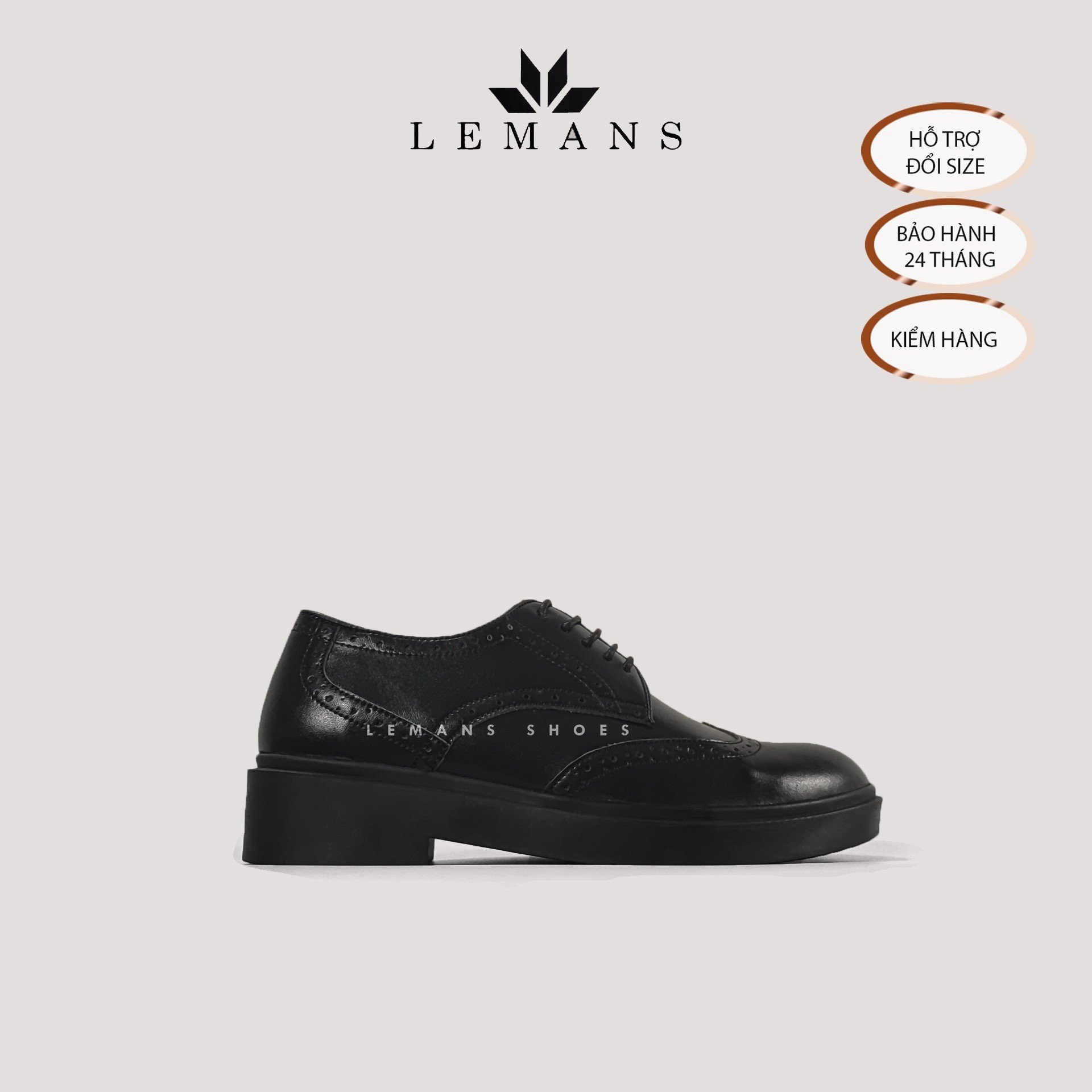 Giày da bò Derby Wingtip LEMANS Black, đế tăng cao lemans 4cm, hoạt tiết cánh bướm, Bảo Hành 12-24 Tháng