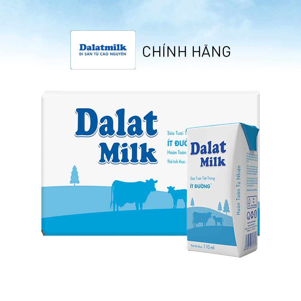Thùng 48 hộp sữa tươi tiệt trùng Dalatmilk ít đường 110 ml (110 ml x 48)