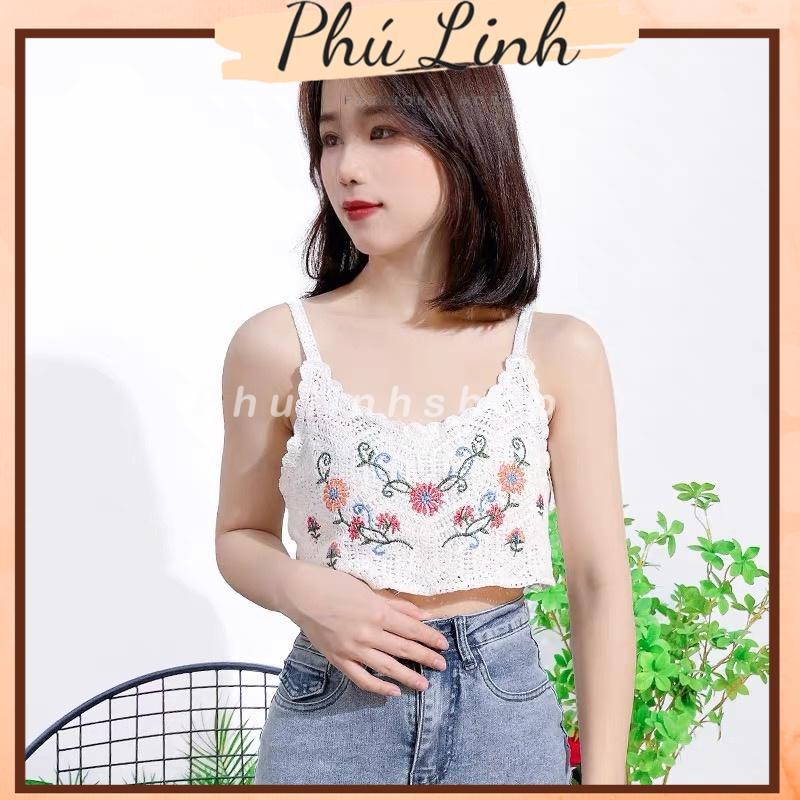 MS574 Áo hai dây đan móc đi biển thêu hoa, mix váy áo