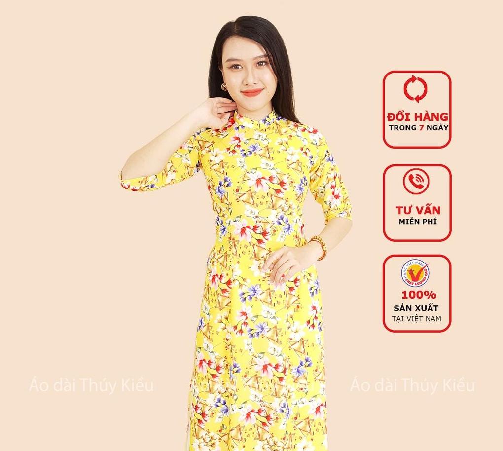 Áo dài in 3D lụa Nhật nền vàng hoa tam giác HN09