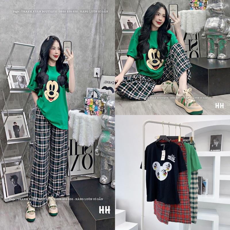 Set bộ nữ áo mickey + quần suông kẻ caro bigsize dễ thương cute