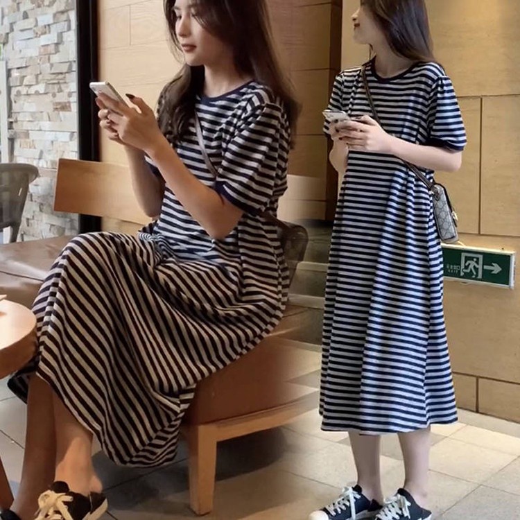 Váy suông dáng dài kẻ đen trắng, đầm suông tay lỡ vải cotton