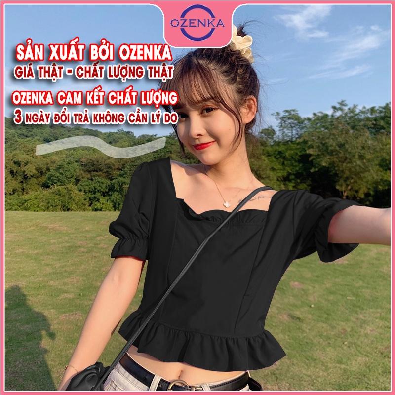 Áo croptop nữ rộng kiểu Hàn Quốc tay phồng viền bánh bèo OZENKA chất thun gân 100% cotton màu đen trắng dưới 50 kg