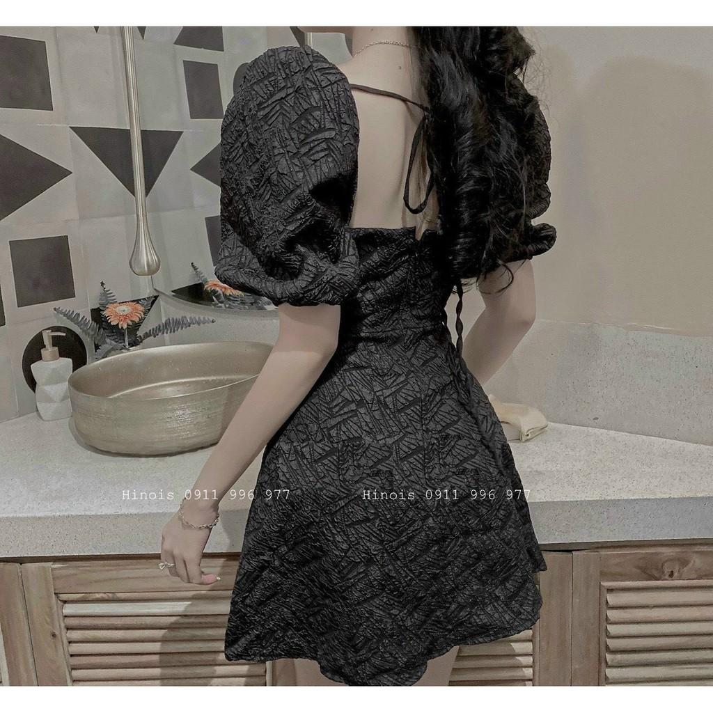 Đầm Dáng Xoè Ngắn Đầm Gấm Xốp Tay Phồng Hở Lưng Có Dây Thắt Lưng 2 Màu Trắng - Đen - KÈM HÌNH THẬT&VIDEO