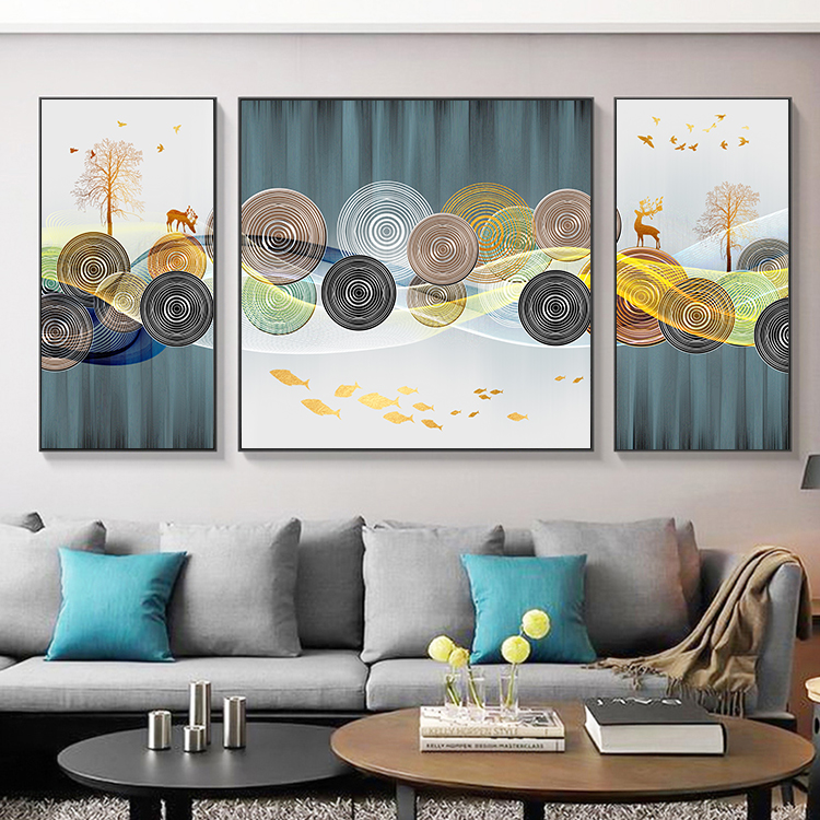 Tranh tráng gương treo tường hiện đại - Tranh bộ 3 bức phong cảnh và hươu tuyệt đẹp